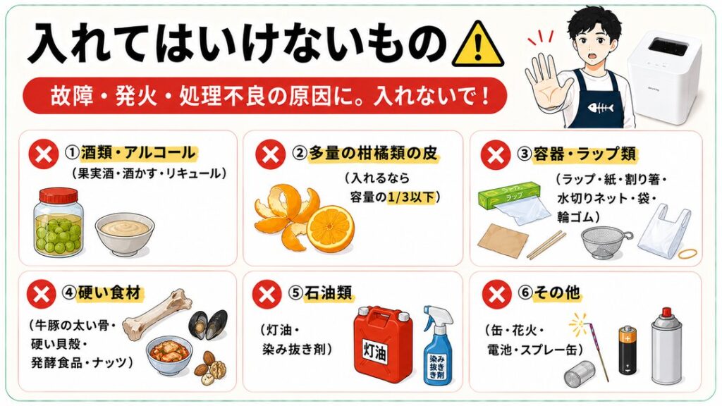 GYUTTOに入れてはいけないもの一覧（酒類・柑橘の皮・容器ラップ・硬い食材・石油類・電池スプレー缶）