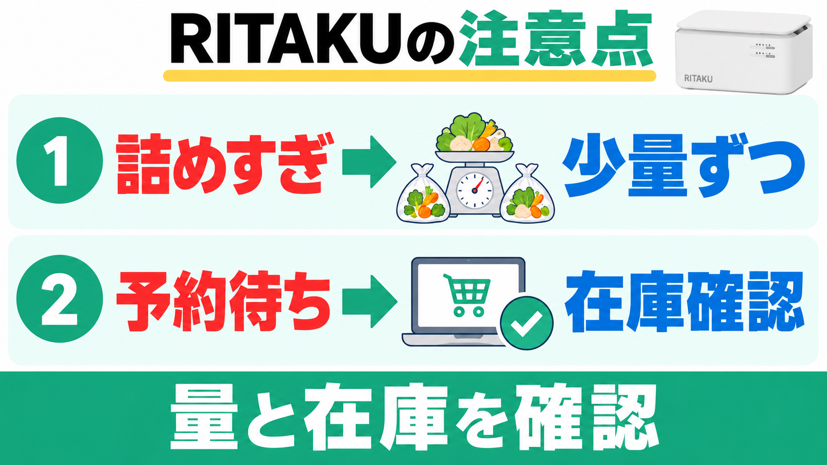 RITAKUの詰めすぎには少量ずつの処理、予約待ちには在庫確認を示す。