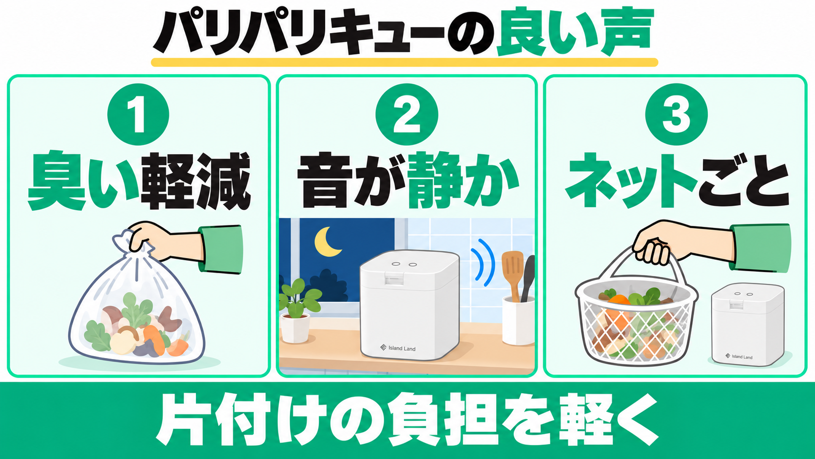 PPC-15の臭い軽減、静かな運転、ネットごとの投入についての良い口コミ。