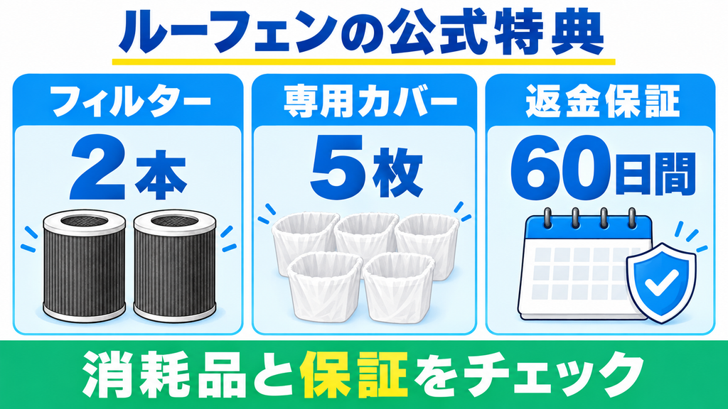ルーフェン公式ストアの購入特典｜活性炭フィルター・バスケットカバー5枚・60日間返金保証