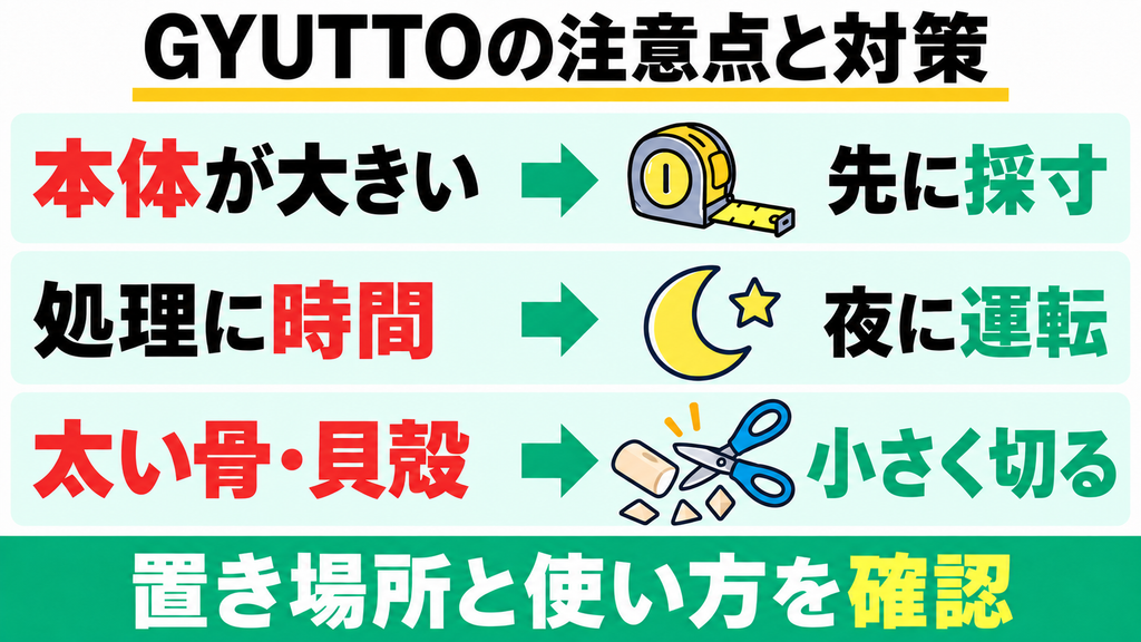 GYUTTOの気になる声と答え｜思ったより本体が大きい・処理に5〜8時間かかる・牛豚の太い骨や貝殻はNG。先に採寸すれば置ける、夜まわせば朝には終わる、硬い骨は小さく切ればOK