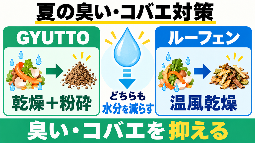 GYUTTOとルーフェンの夏場の臭いとコバエ対策を比較した図解