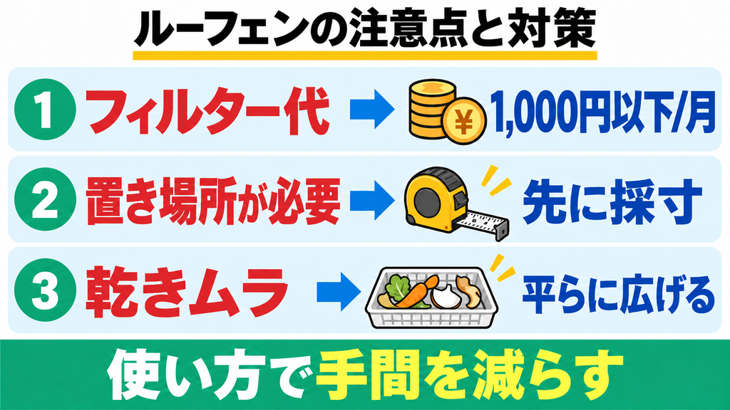 ルーフェンの気になる声と答え｜脱臭フィルターの交換代がかかる・思ったより大きく置き場所を選ぶ・重ねて入れると乾きにくい。月約500〜750円で収まる、先に採寸すれば置ける、平らに広げれば乾く