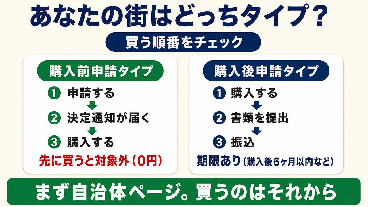 購入前申請タイプと購入後申請タイプの買う順番フロー図