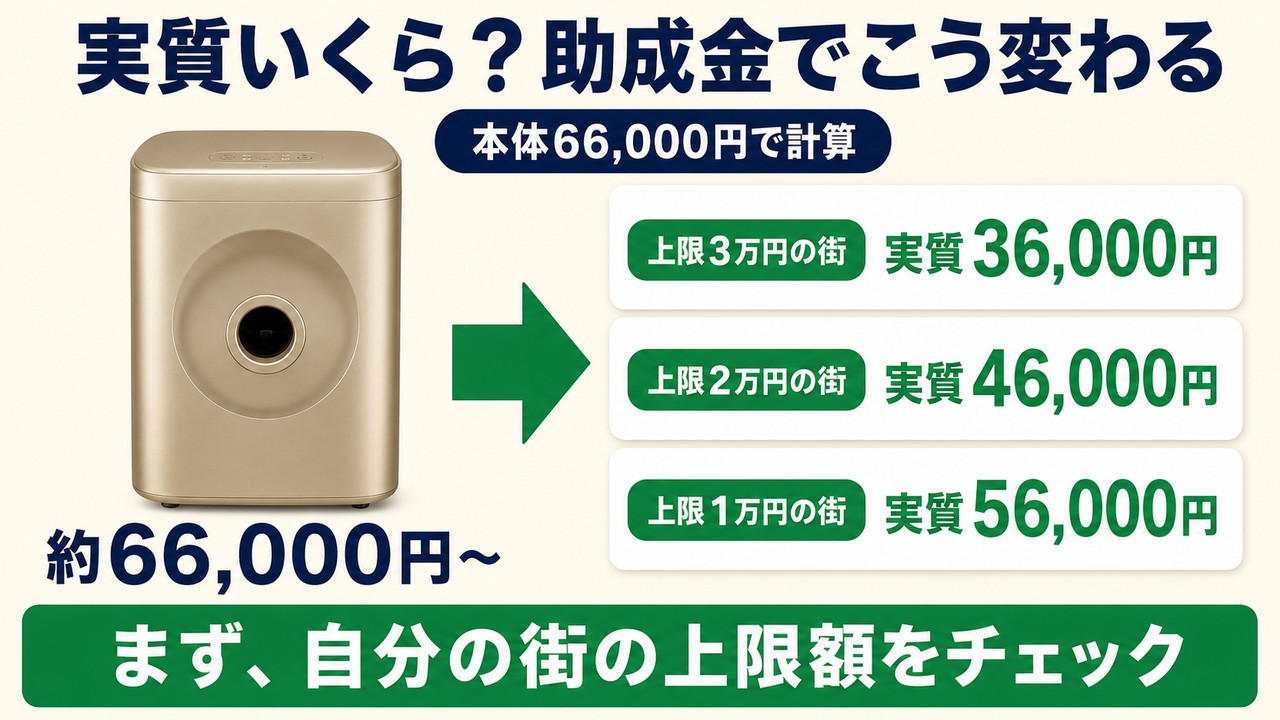 ルーフェン実質価格シミュレーション（本体66,000円が上限3万円の街なら実質36,000円）