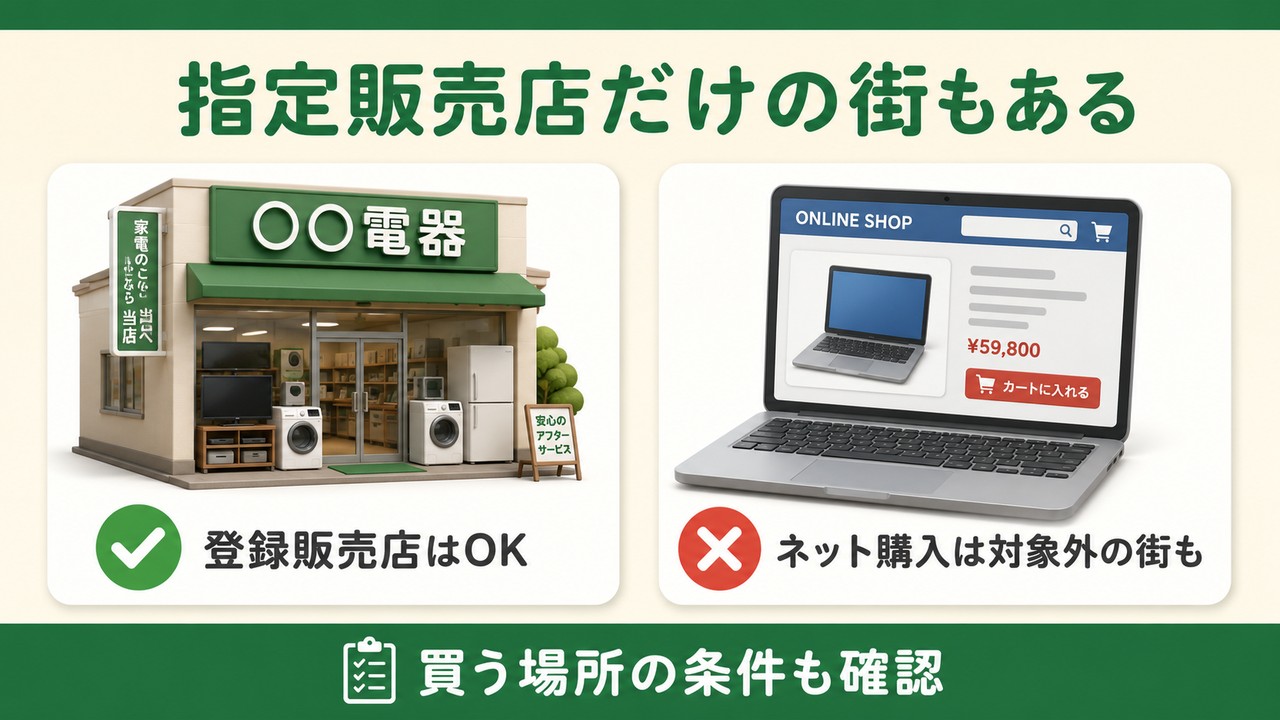 指定販売店だけの街もある（登録販売店はOK・ネット購入は対象外の街も）