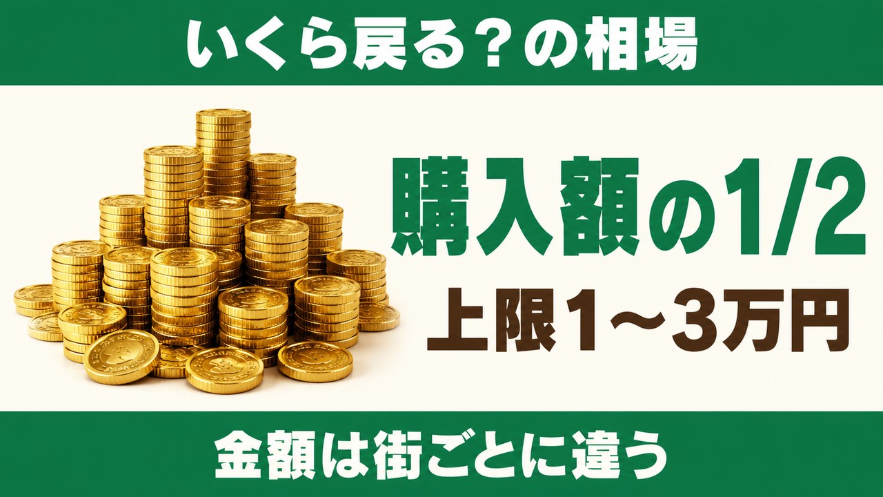 いくら戻る？の相場（購入額の1/2・上限1〜3万円・金額は街ごとに違う）