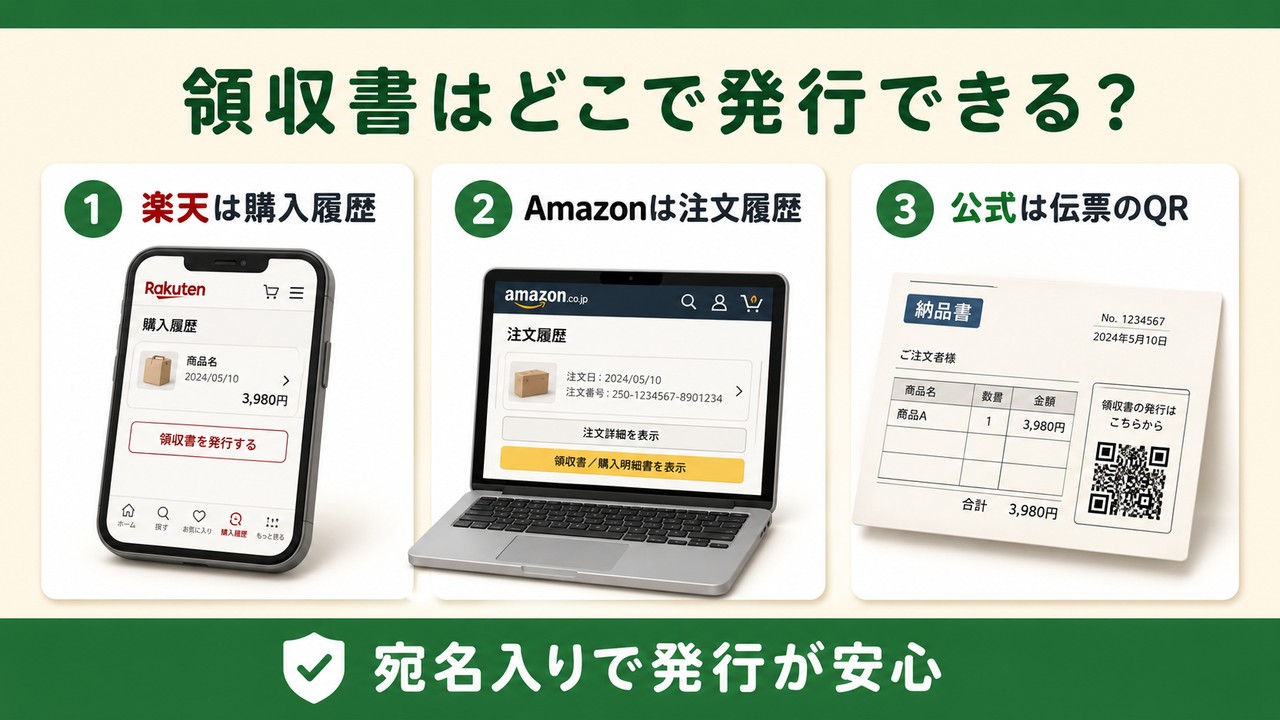 領収書の発行方法（楽天は購入履歴・Amazonは注文履歴・公式は伝票のQRから）