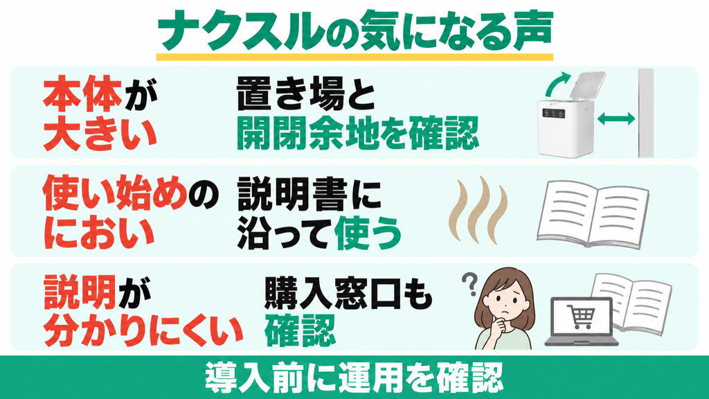 ナクスルFD-015Mの大きさ、使い始めのにおい、説明の分かりにくさに関する声。置き場と開閉余地、説明書、購入窓口を確認する。