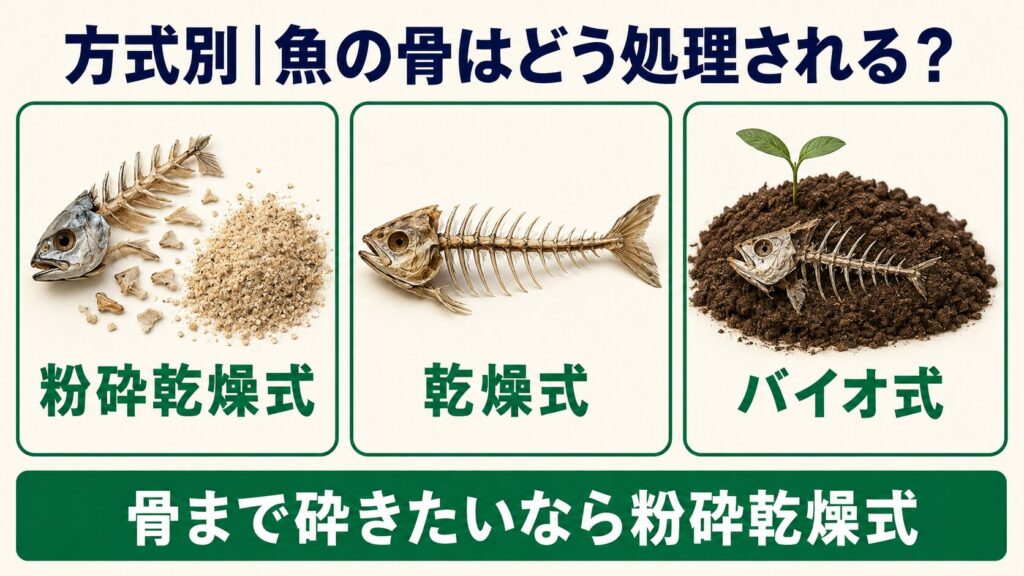 魚の骨を粉砕乾燥式・乾燥式・バイオ式で比較した図解。骨を砕くなら粉砕乾燥式。