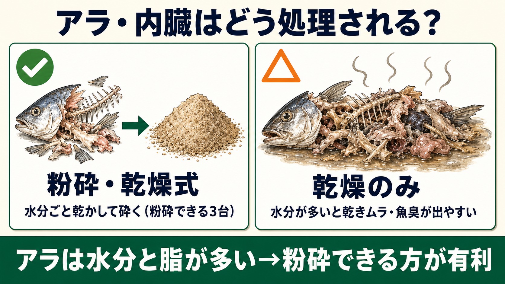 アラ・内臓はどう処理される？（粉砕乾燥式は水分ごと乾かして砕く＝粉砕できる3台／乾燥のみは乾きムラ・魚臭）