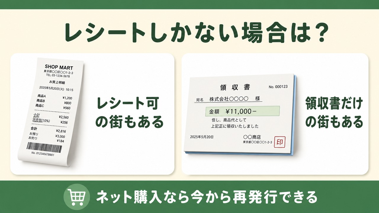 レシート可の街と領収書だけの街がある（ネット購入なら再発行できる）