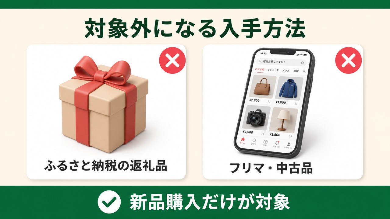 対象外になる入手方法（ふるさと納税の返礼品・フリマ中古品は対象外、新品購入だけが対象）