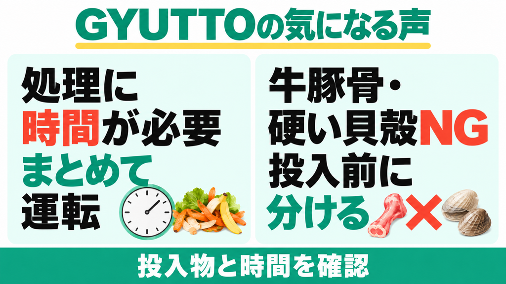 GYUTTO QS661は処理に時間が必要なためまとめて運転。牛豚骨・硬い貝殻は投入前に分け、投入物と処理時間を確認する。