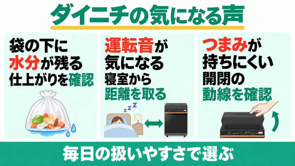 ダイニチGD-28Aの袋の下に残る水分、運転音、つまみの持ちにくさに関する声。仕上がり、寝室との距離、開閉の動線を確認する。