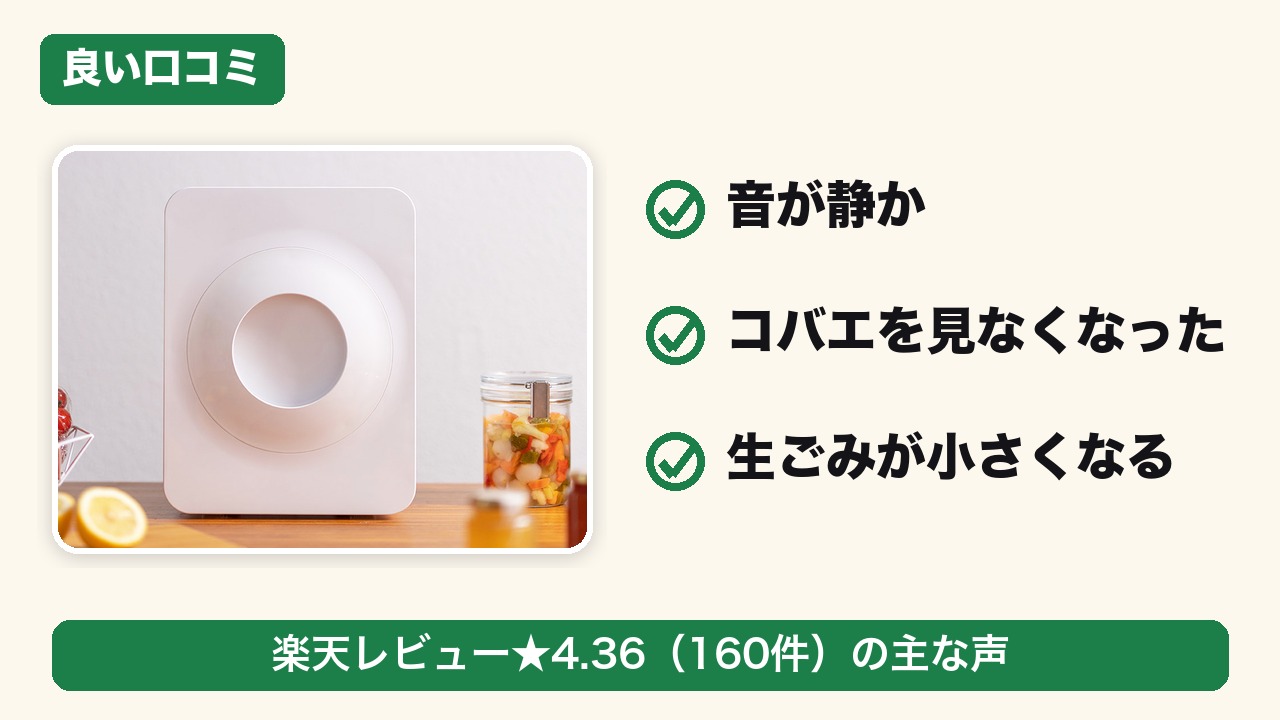 ルーフェンの良い口コミ：音が静か／コバエを見なくなった／生ごみが小さくなる