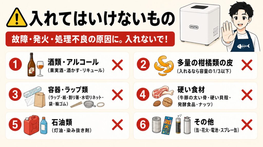 GYUTTOに入れてはいけないもの一覧（酒類・柑橘・容器・硬い食材・石油・その他）