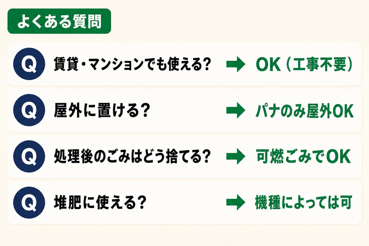 生ごみ処理機のよくある質問。賃貸・マンションOK（工事不要）、屋外に置けるのはパナソニックのみ、処理後は可燃ごみ、堆肥は機種によっては可