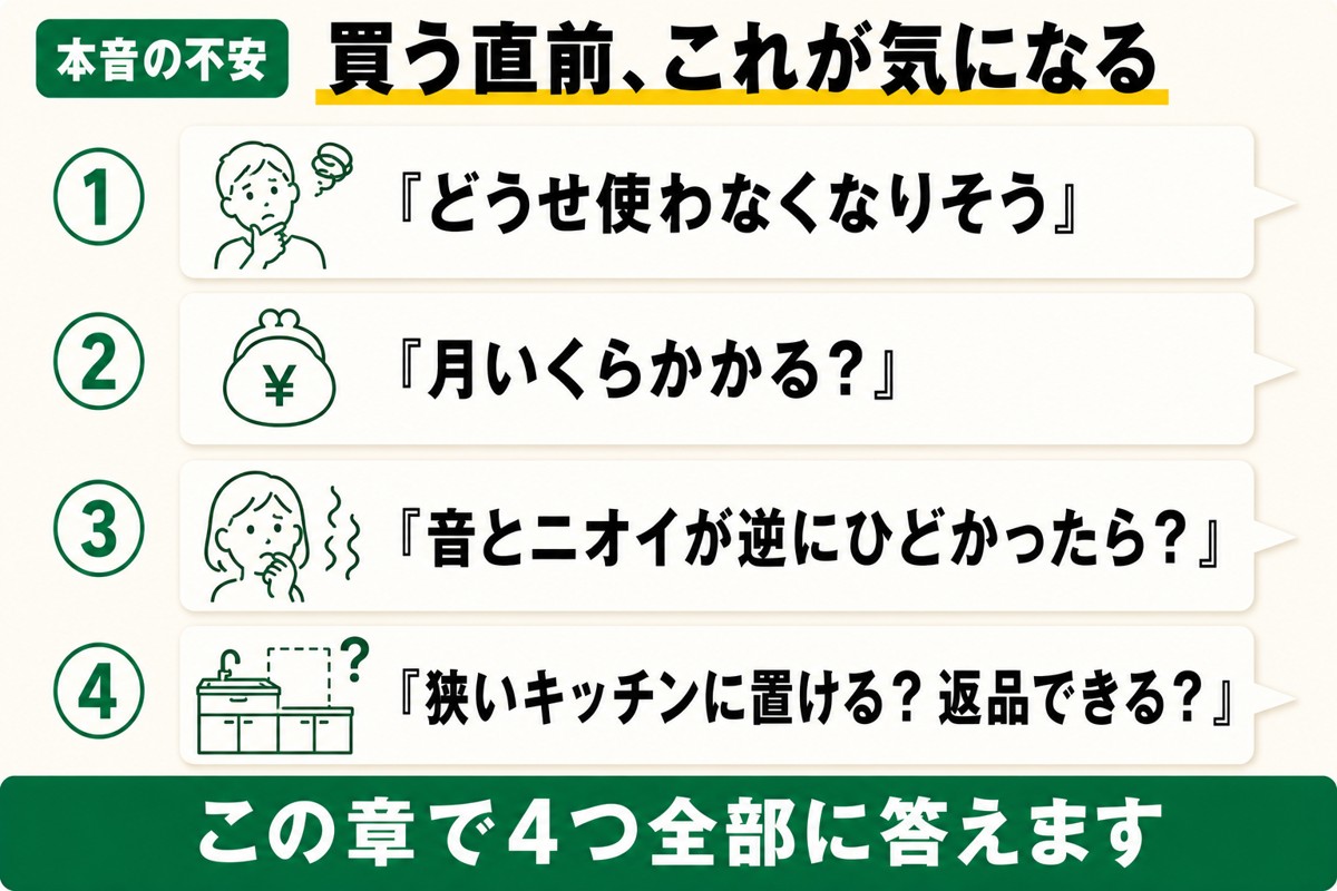 生ごみ処理機を買う直前の不安TOP4。使わなくなりそう・月いくら・音とニオイ・置き場所と返品