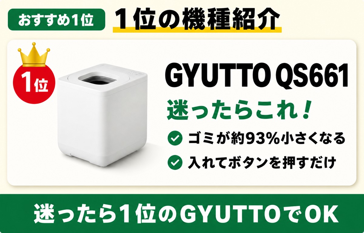 1位 GYUTTO QS661。迷ったらこれ、ゴミが約93%小さくなる。入れてボタンを押すだけ