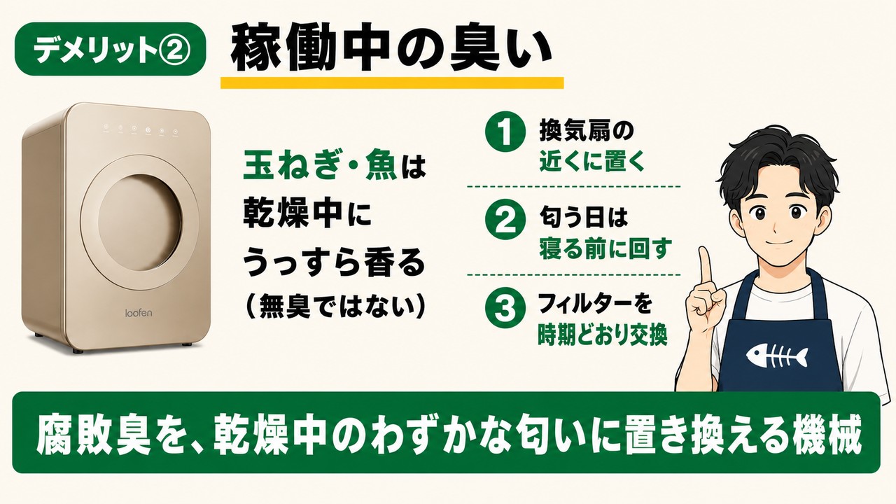ルーフェンの稼働中の臭い対策：玉ねぎ・魚は乾燥中にうっすら香る（無臭ではない）→換気扇の近くに置く・匂う日は寝る前に回す・フィルターを時期どおり交換