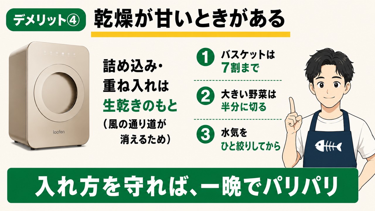 ルーフェンの乾燥が甘いときの対策：詰め込み・重ね入れは生乾きのもと→バスケットは7割まで・大きい野菜は半分に切る・水気をひと絞り