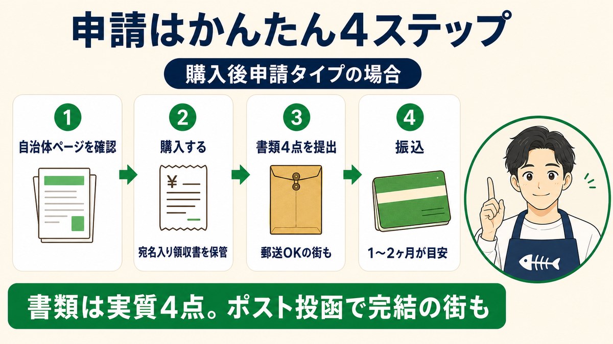 助成金申請のかんたん4ステップ（自治体ページ確認→購入→書類4点を提出→振込）
