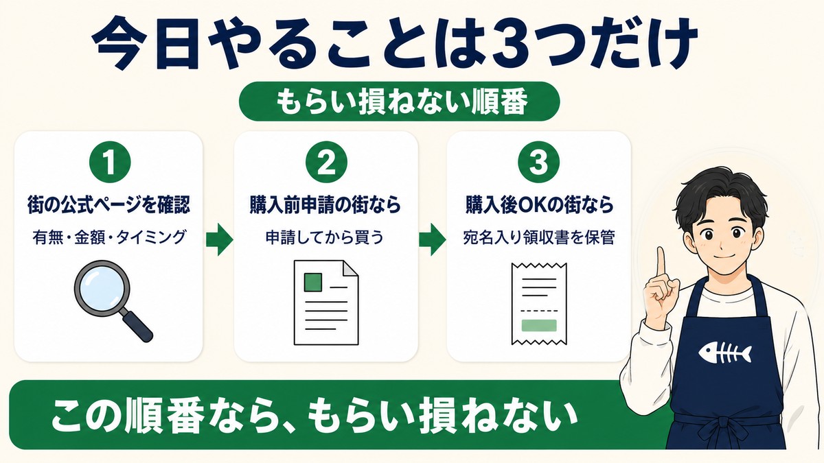 今日やること3つ（街の公式ページを確認・購入前申請の街なら申請してから買う・宛名入り領収書を保管）