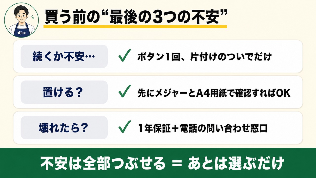 買う前の最後の3つの不安と答え 続くか不安はボタン1回 置けるかはメジャーとA4用紙で確認 壊れたらは1年保証と電話窓口