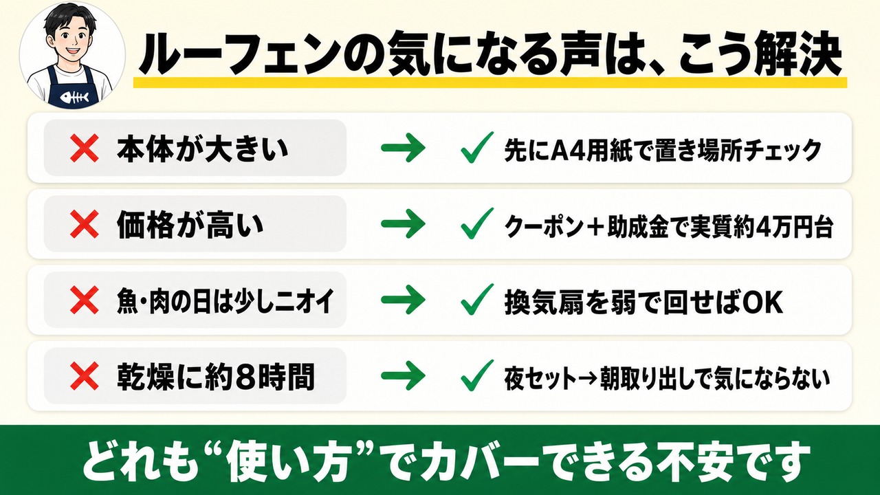 ルーフェンの気になる声の解決策 大きい→A4で確認 高い→クーポンと助成金で実質約4万円台 ニオイ→換気扇 8時間→夜セット朝取り出し