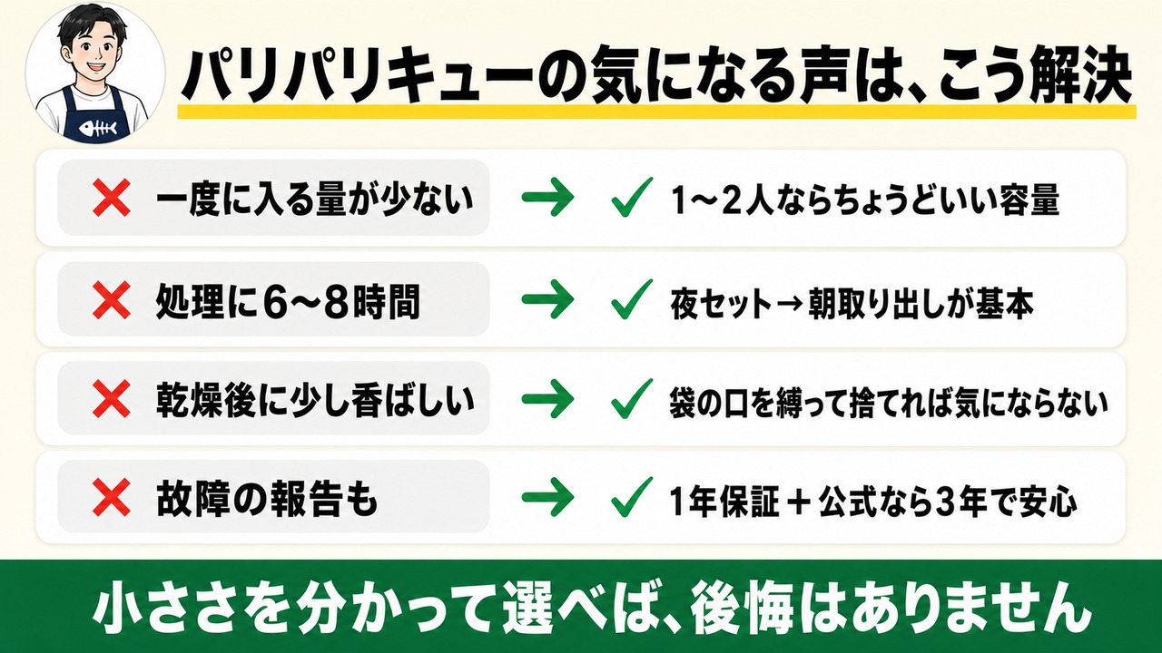 パリパリキューの気になる声の解決策 量少なめ→1〜2人にちょうど 6〜8時間→夜セット 香ばしさ→袋の口を縛る 故障→1年保証公式なら3年
