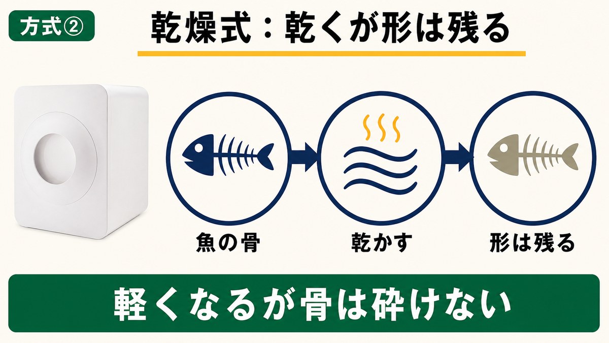 乾燥式は魚の骨を乾かして軽くするが、骨の形はそのまま残るという流れの図解