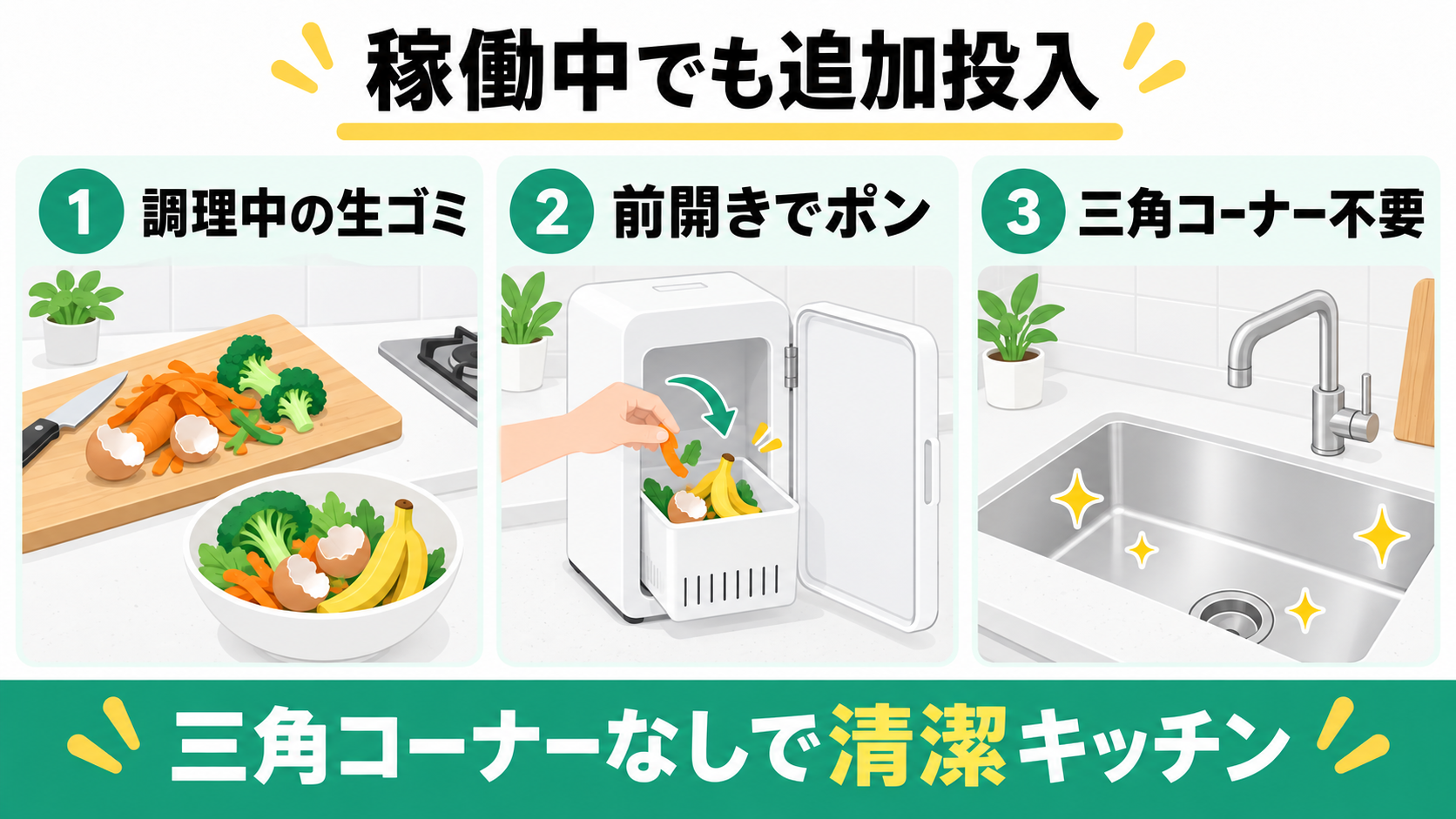ルーフェンは稼働中でも生ゴミを追加投入できる