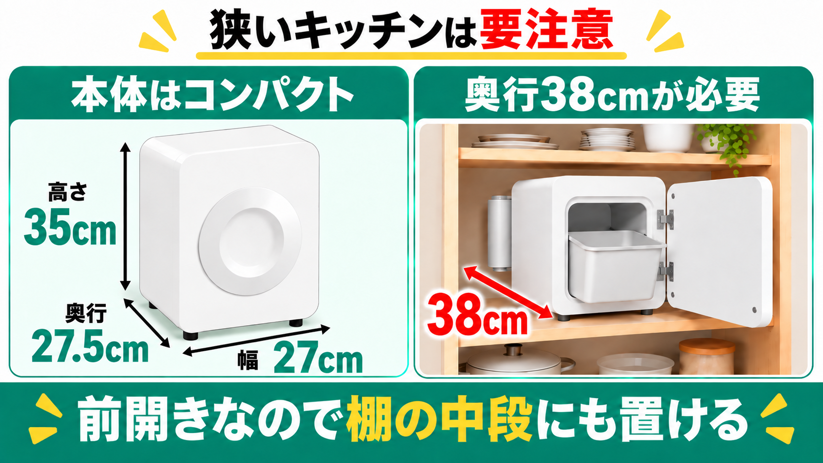 ルーフェンの幅27cm・高さ35cmと、本体底面の奥行27.5cmをA4用紙と比較。背面フィルターを含む奥行きは38cm。