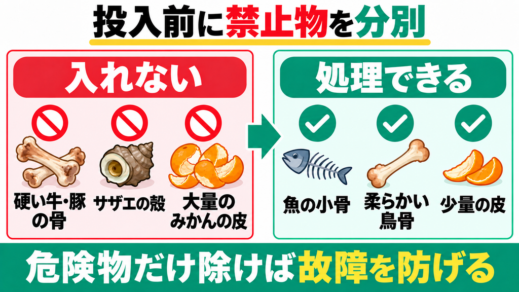 硬い骨や大量のみかんの皮は投入できず分別が必要