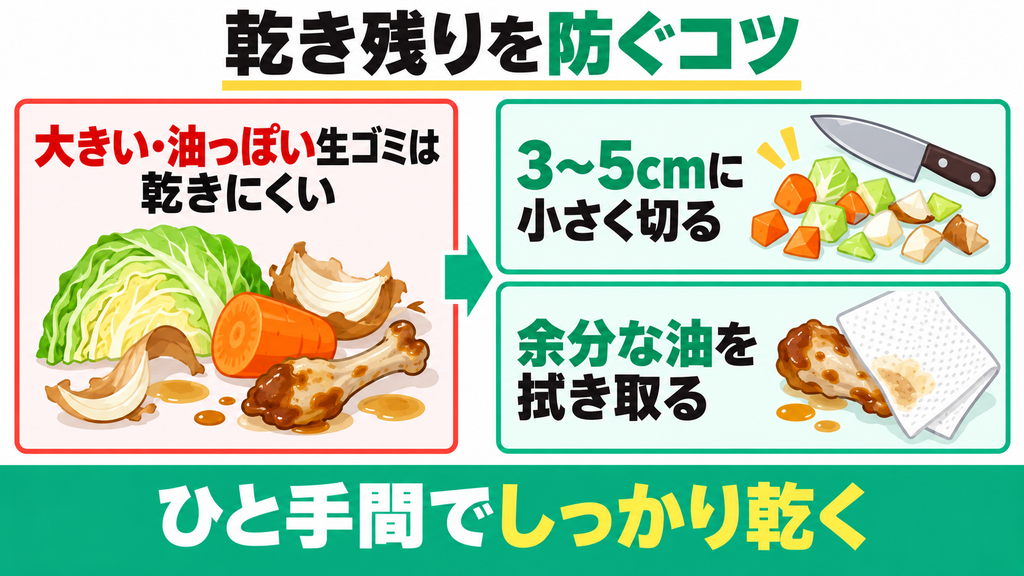 油分の多い食品や大きな生ゴミが朝になっても乾き残る