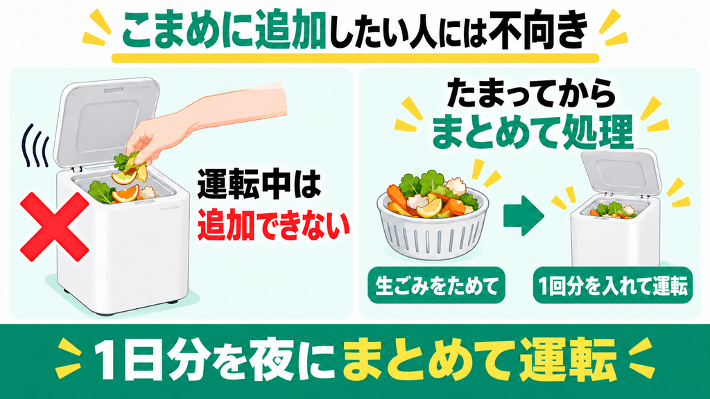 生ゴミが出るたびに、1日何度も追加投入したい人には不向き