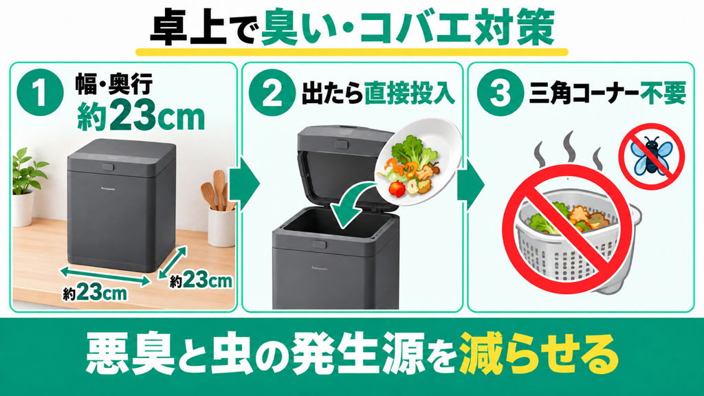 狭いキッチンの卓上に置いて生ごみの悪臭やコバエを防ぎたい人