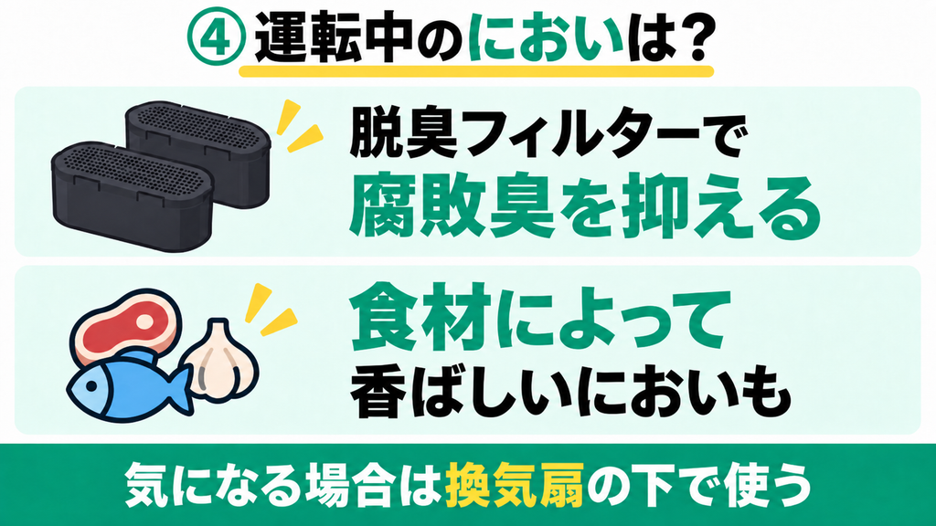 運転中は専用の脱臭フィルターで腐敗臭を抑える