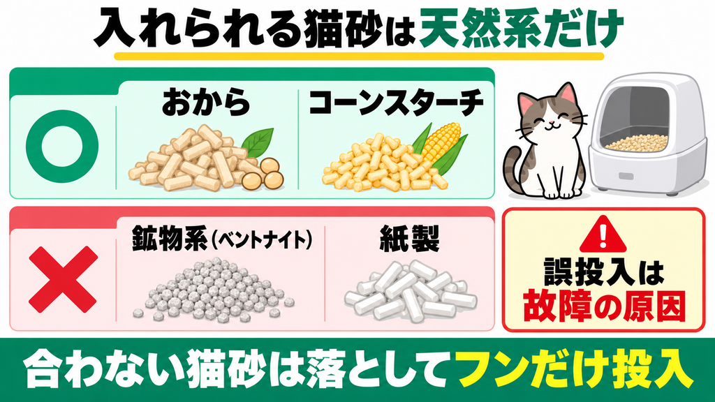 投入可能な猫砂の種類と入れてはいけない猫砂は何ですか？