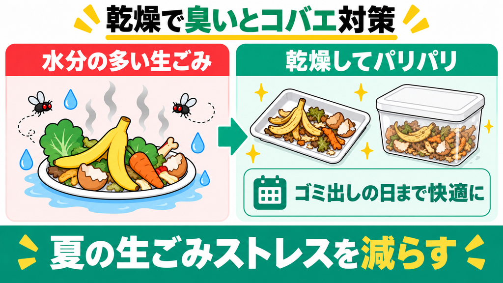 生ごみを乾燥させて臭いやコバエを抑えられる