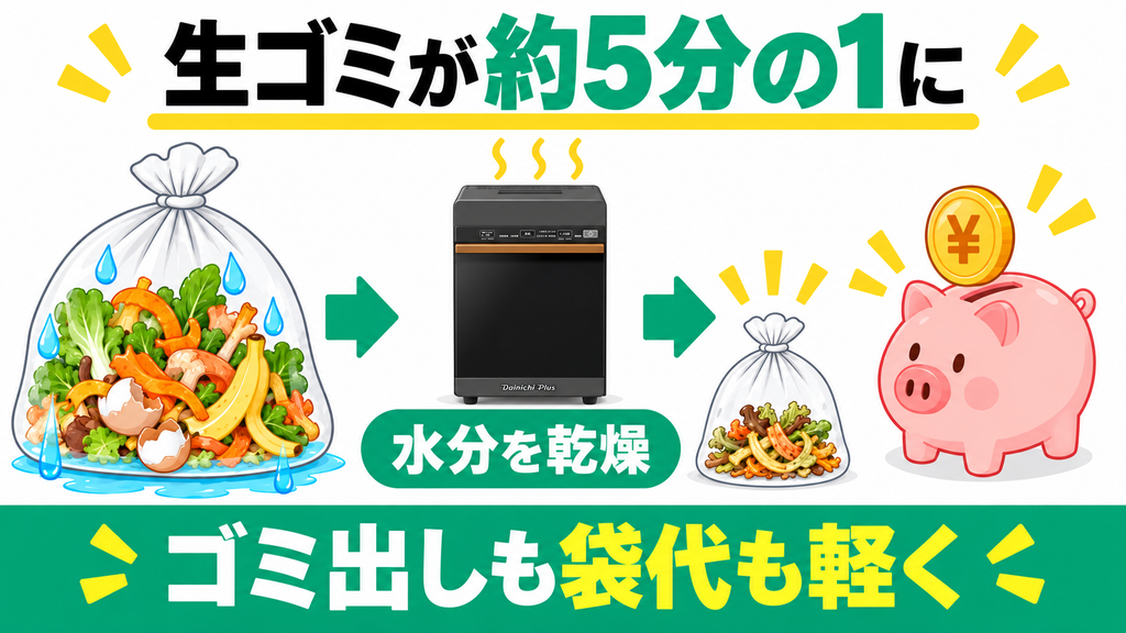 生ごみの体積が約5分の1に激減して有料指定袋代や手間を削減