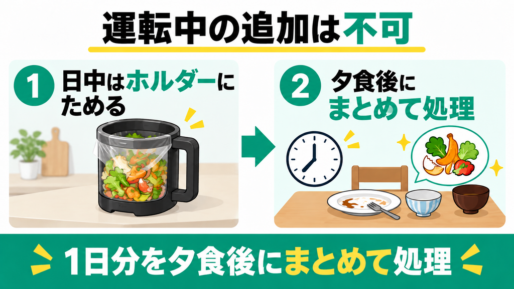 運転中の追加投入ができない不便さは夕食後にまとめて防ぐ