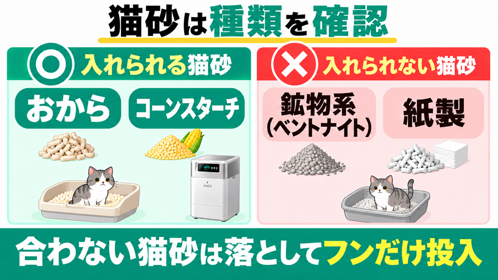 鉱物系や紙製の猫砂が付着したフンを分別せずワンニャクスルへ流し込みたい人