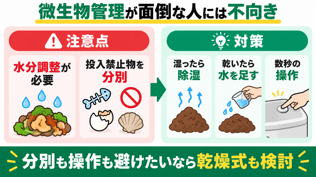 微生物の水分調整や投入禁止物の分別・管理が面倒な人