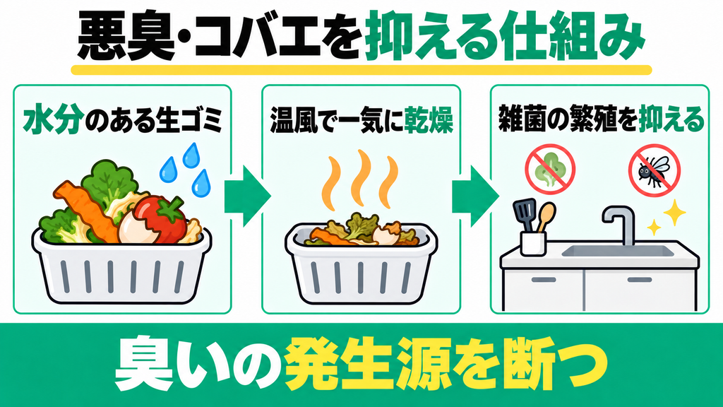 生ゴミの腐敗臭やコバエが出なくなりキッチンが快適になる