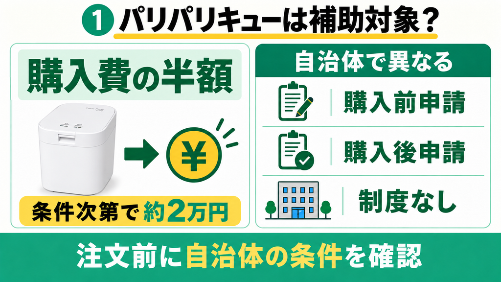 パリパリキューの助成金は自治体によって対象・補助額・申請時期が異なるため、注文前に条件を確認