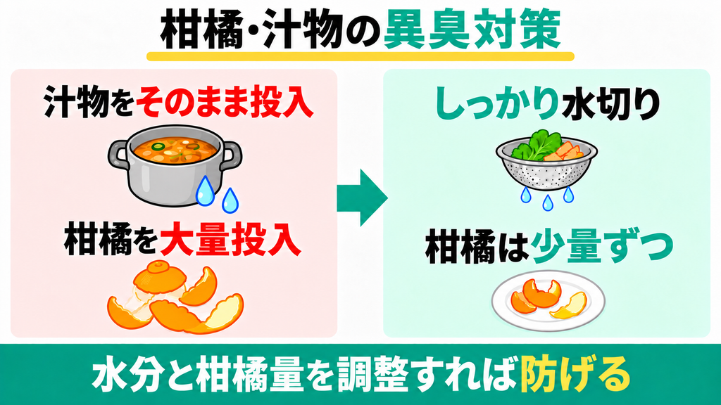 柑橘類の皮や汁物で異臭が出やすい