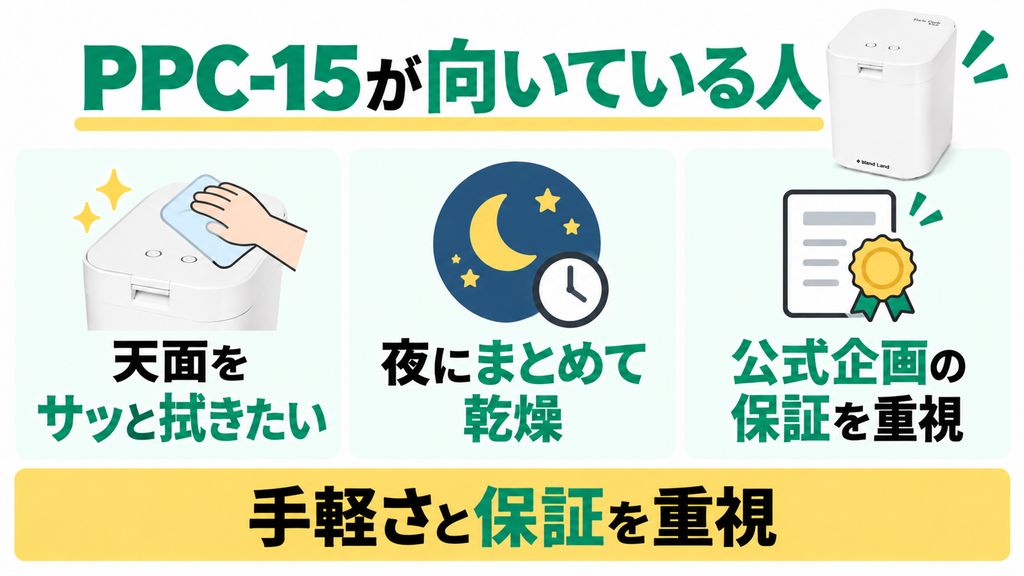 パリパリキューPPC-15は天面の手入れや公式企画の保証を重視する人向け