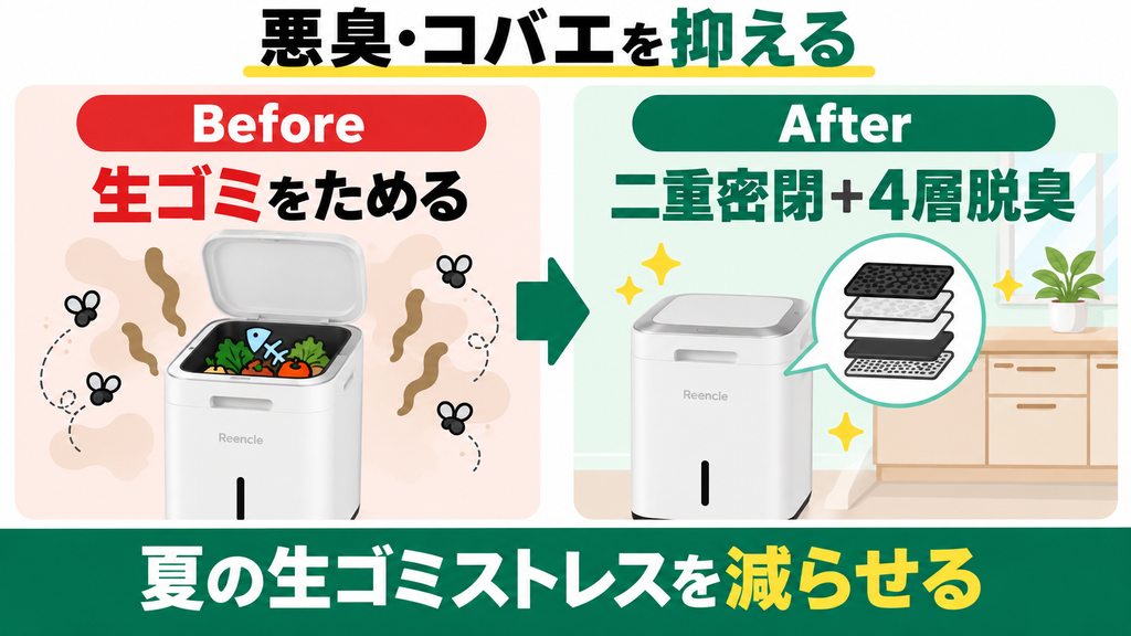密閉構造と4層脱臭で生ゴミの腐敗臭や夏場のコバエが出ない